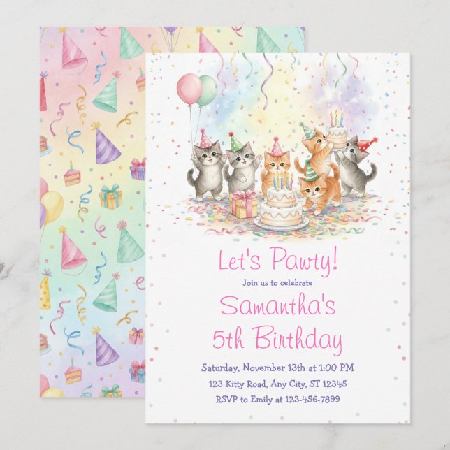 Invitación de cumpleaños de gatito, tema de niña g (Anverso / Reverso)
