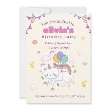 Invitación de cumpleaños de gato arcoíris lindo un