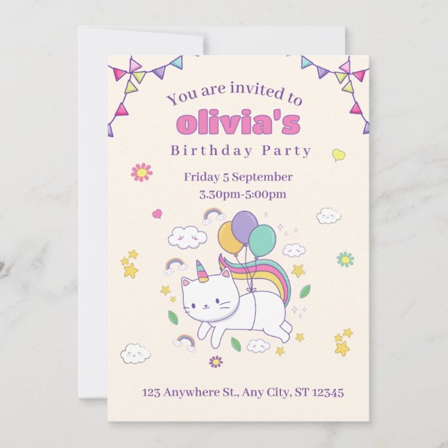 Invitación de cumpleaños de gato arcoíris lindo un (Anverso)