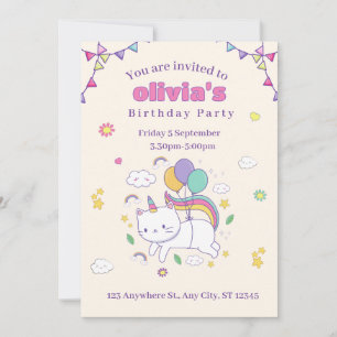 Invitación de cumpleaños de gato arcoíris lindo un