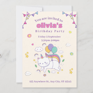 Invitación de cumpleaños de gato arcoíris lindo un