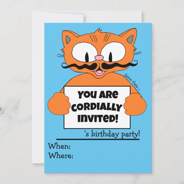 Invitación de cumpleaños de gato de dibujos animad (Anverso)