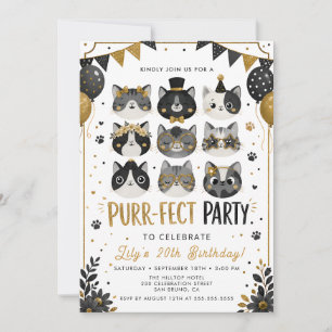 Invitación de cumpleaños de gato de oro negro