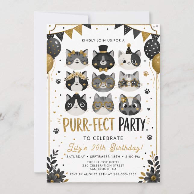 Invitación de cumpleaños de gato de oro negro (Anverso)