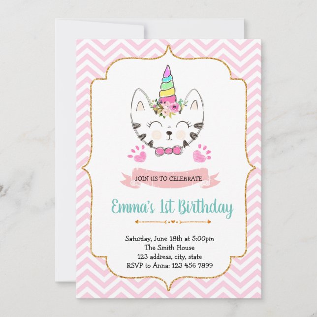 Invitación de cumpleaños de gato de Unicorn (Anverso)