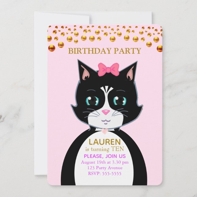 Invitación de cumpleaños de gato esmoquin (Anverso)