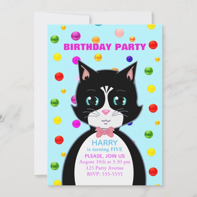 Invitación de cumpleaños de gato esmoquin (Anverso)
