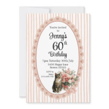 Invitación de cumpleaños de gato floral con franja