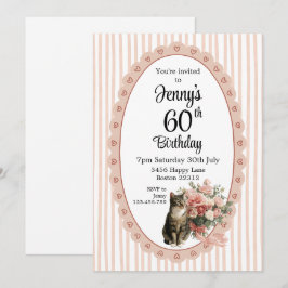Invitación de cumpleaños de gato floral con franja
