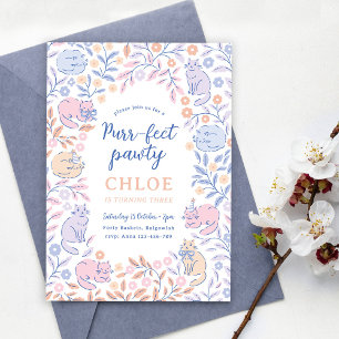 Invitación de cumpleaños de gato floral para niñas