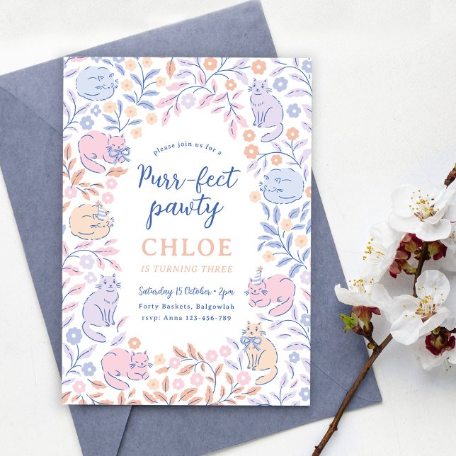 Invitación de cumpleaños de gato floral para niñas (Subido por el creador)