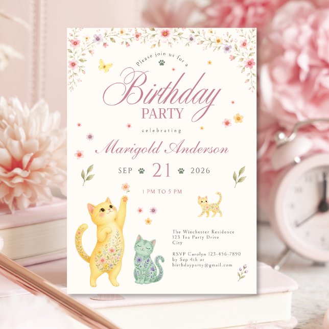 Invitación de cumpleaños de gato floral para niñas (Floral Cat Birthday Party Invitation for Girls)