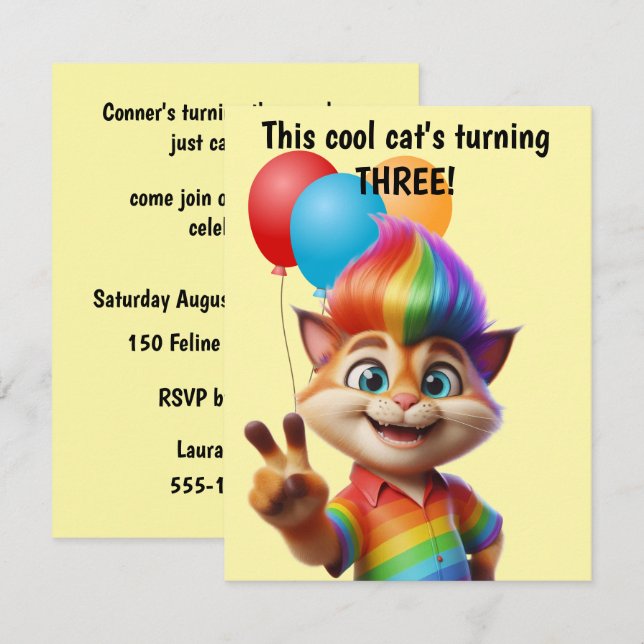 Invitación de cumpleaños de gato genial descarga d (Anverso / Reverso)