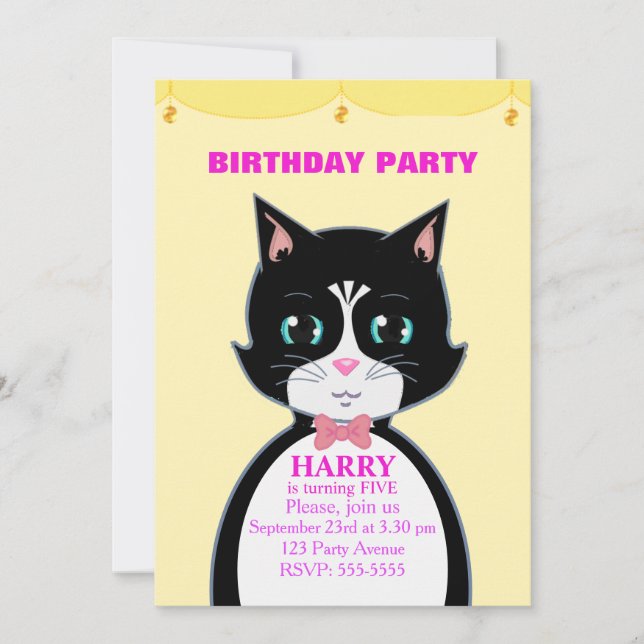 Invitación de cumpleaños de gato lindo (Anverso)