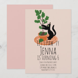Invitación de cumpleaños de gato lindo negro rosa