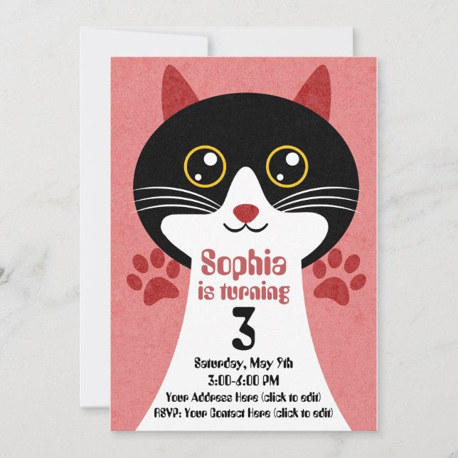 Invitación de cumpleaños de gato lindo (niña) – Ed (Anverso)