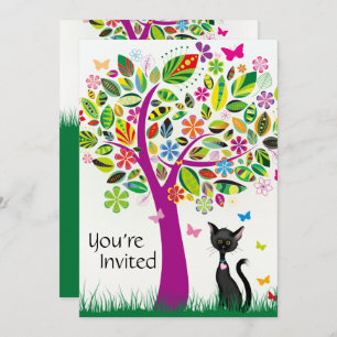 Invitación de cumpleaños de gato negro y árbol de 