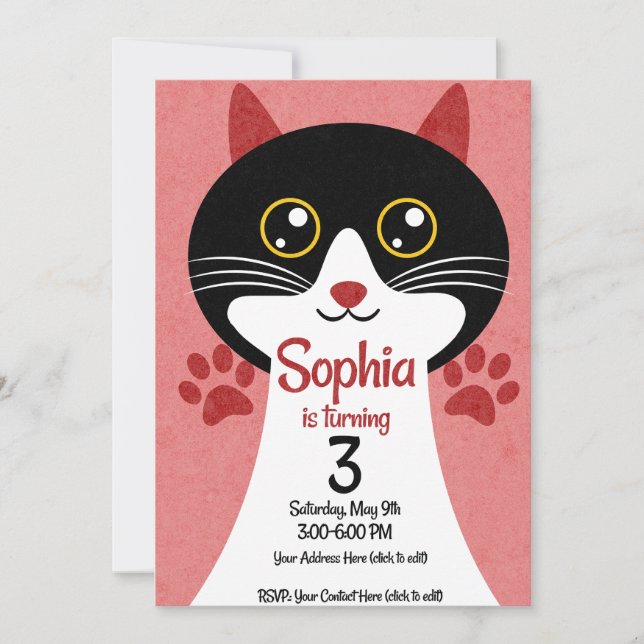 Invitación de cumpleaños de gato | Nombre y edad e (Anverso)
