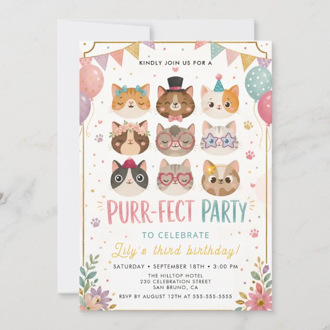 Invitación de cumpleaños de gato perfecto (Anverso)
