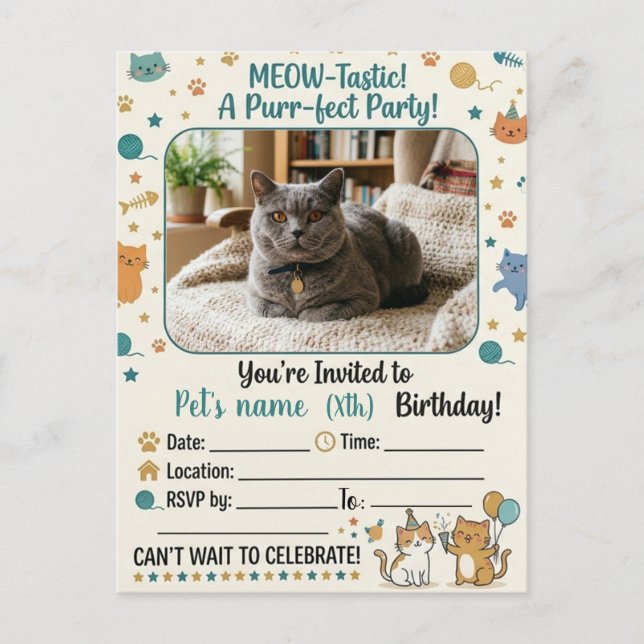 Invitación de cumpleaños de gato personalizable co (Anverso)