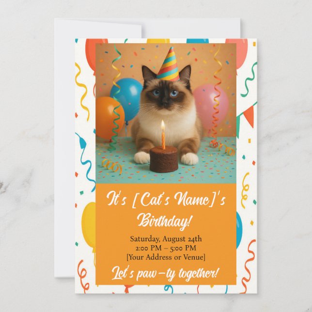 Invitación de cumpleaños de gato personalizada (Anverso)