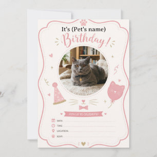 Invitación de cumpleaños de gato personalizada con