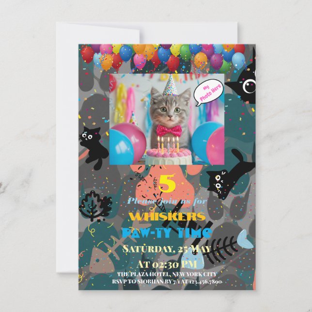 Invitación de cumpleaños de gato personalizada per (Anverso)