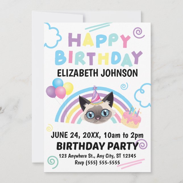 Invitación de Cumpleaños de Gato Siamés (Anverso)