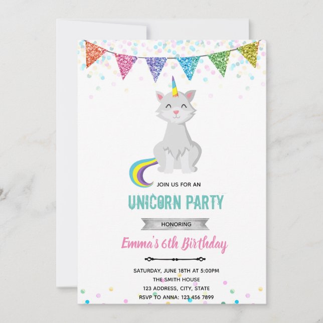 Invitación de cumpleaños de gato unicornio (Anverso)