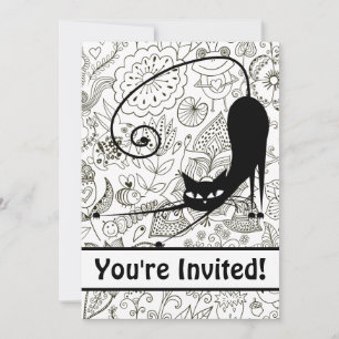 Invitación de cumpleaños de gato y jardín negro y