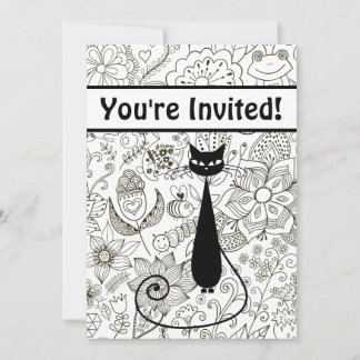 Invitación de cumpleaños de gato y jardín negro y