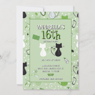 Invitación de cumpleaños de gatos corazón verde de