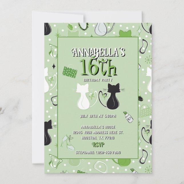 Invitación de cumpleaños de gatos de corazón verde (Anverso)