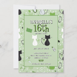 Invitación de cumpleaños de gatos de corazón verde