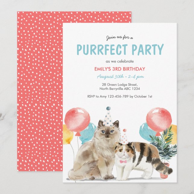 Invitación de cumpleaños de gatos puurfecto (Anverso / Reverso)