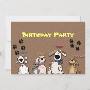 Invitación de cumpleaños de gatos y perros lindos