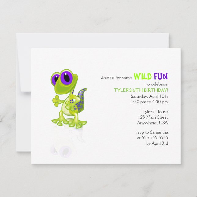 Invitación de cumpleaños de Gecko verde limón (Anverso)