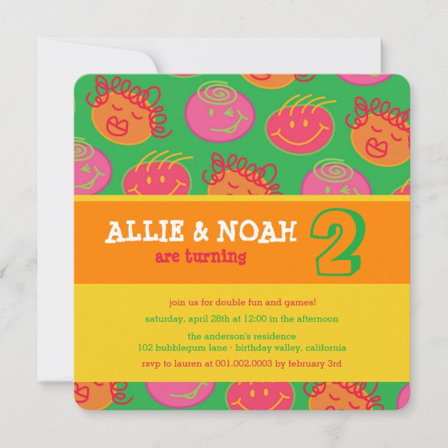 Invitación de cumpleaños de gemelos con cara de ch (Anverso)