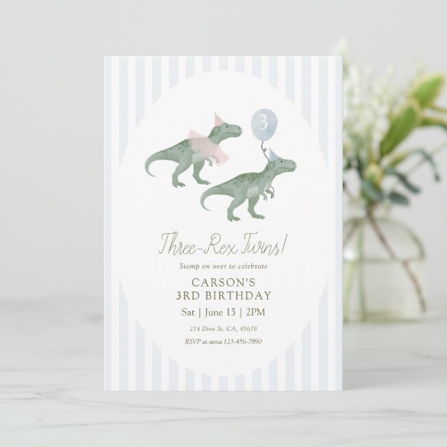 Invitación de cumpleaños de gemelos Three-Rex (Anverso de pie)