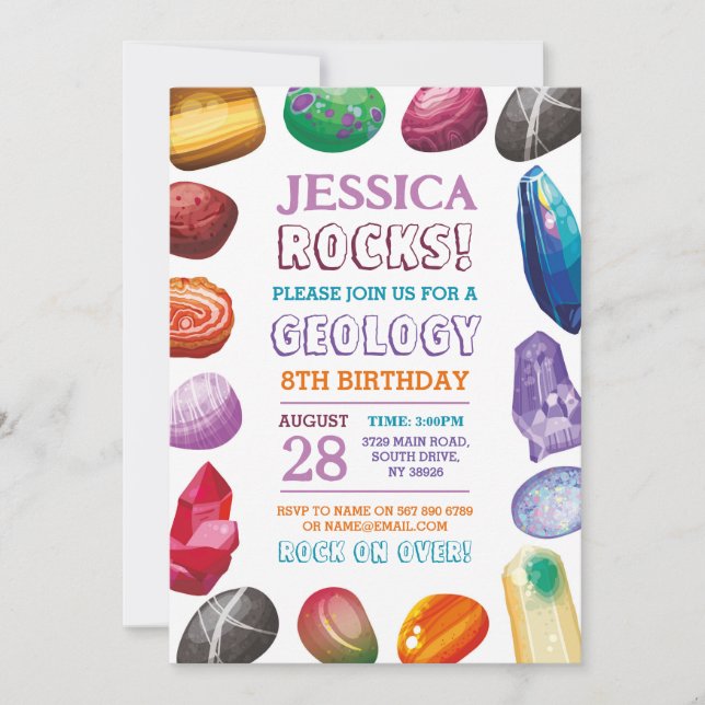 Invitación de cumpleaños de geología rocas gemas c (Anverso)