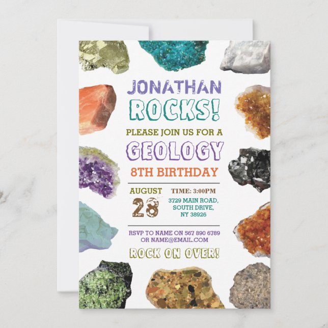 Invitación de cumpleaños de geología rocas gemas c (Anverso)