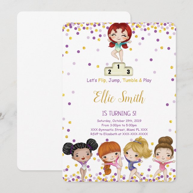 Invitación de cumpleaños de gimnasia (Anverso / Reverso)