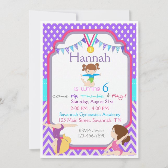 Invitación de cumpleaños de gimnasia (Anverso)