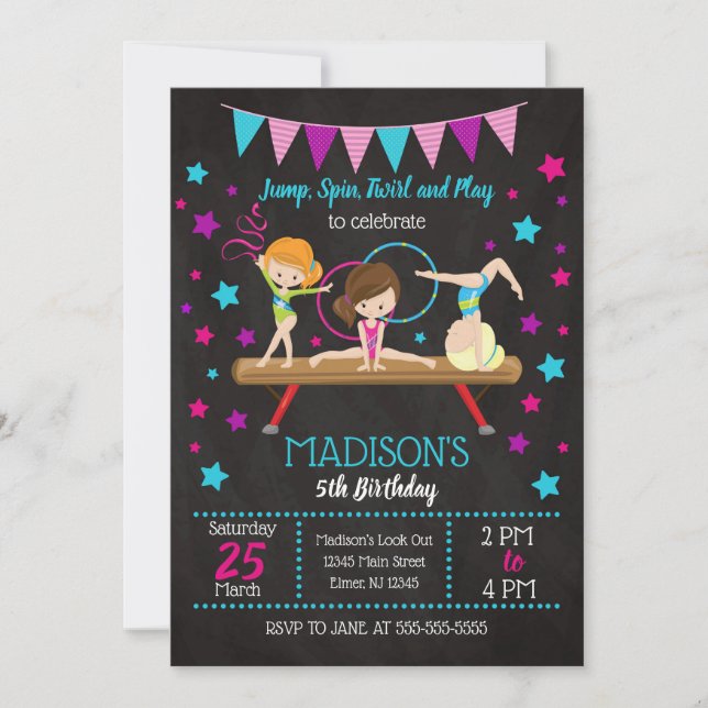 Invitación de cumpleaños de gimnasia (Anverso)