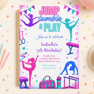 Invitación de cumpleaños de gimnasia, brillo neón