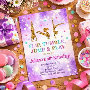 Invitación de cumpleaños de gimnasia con brillo pú