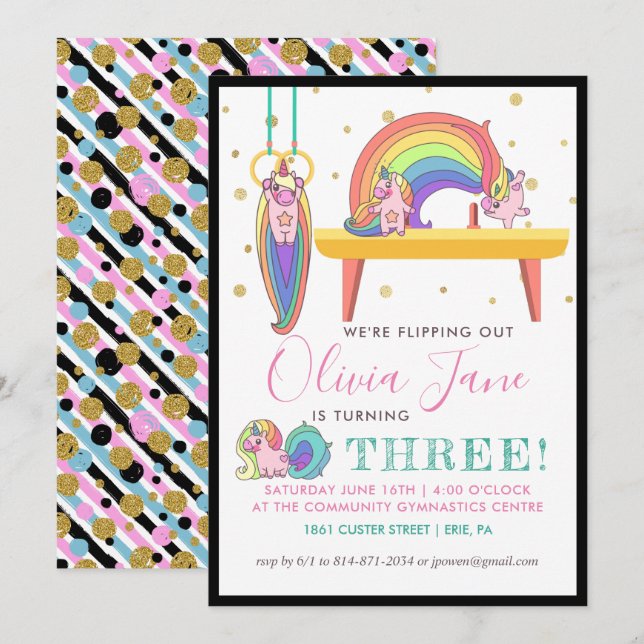 Invitación de cumpleaños de gimnasia de unicornio (Anverso / Reverso)
