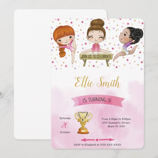 Invitación de cumpleaños de gimnasia editable (Anverso / Reverso)