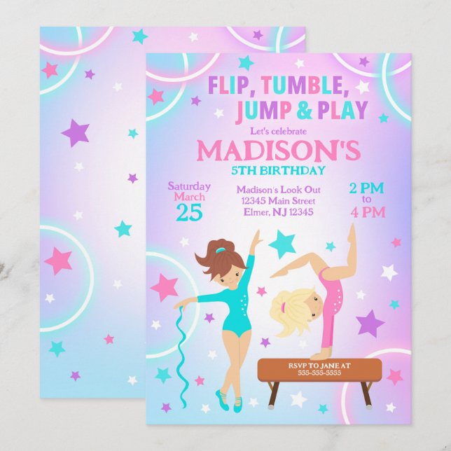Invitación de cumpleaños de gimnasia Fiesta de gim (Anverso / Reverso)