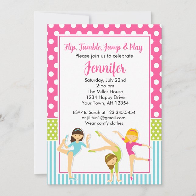 Invitación de cumpleaños de gimnasia fiesta de niñ (Anverso)
